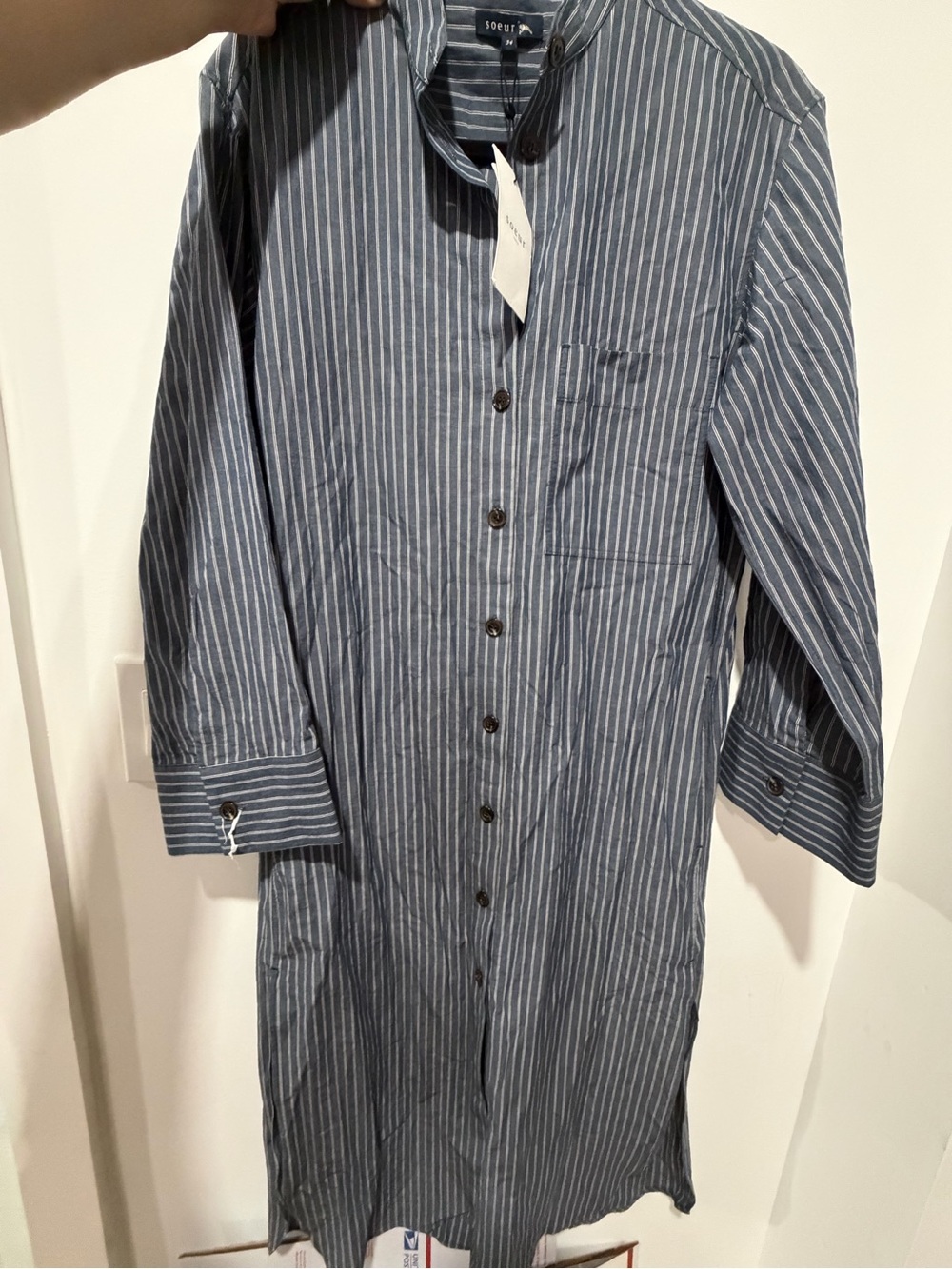 soeur Blue and White Vertical Stripe Casual Button-Down Shirt dress